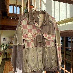 POL Pink and Brown Patchwork Jean Jacket
